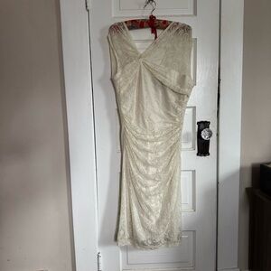 Ivory Lace Sheath Dress Sz 12 Ruched Asymmetrical Romantic Chic Hyper Feminine